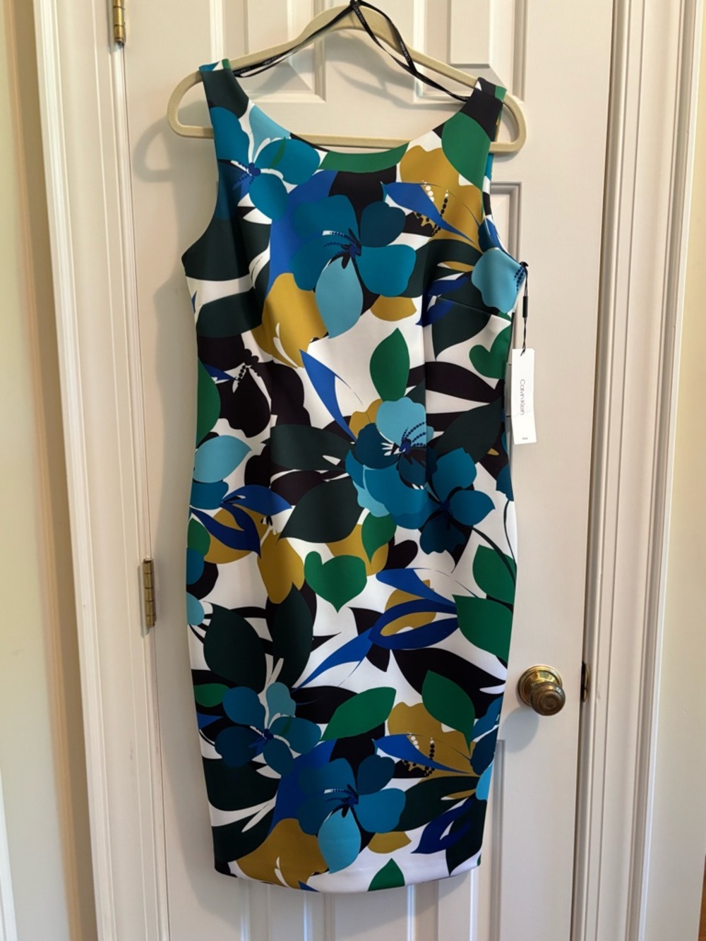 Calvin Klein Floral Sheath Midi Dress in Teal, Blue, Green & Gold - Picture 2 of 5